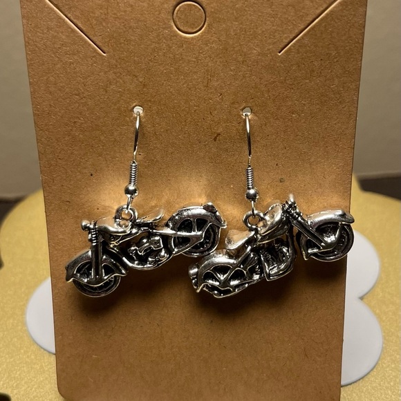 Silver Motorcycle Earrings, Handcrafted - Picture 3 of 5